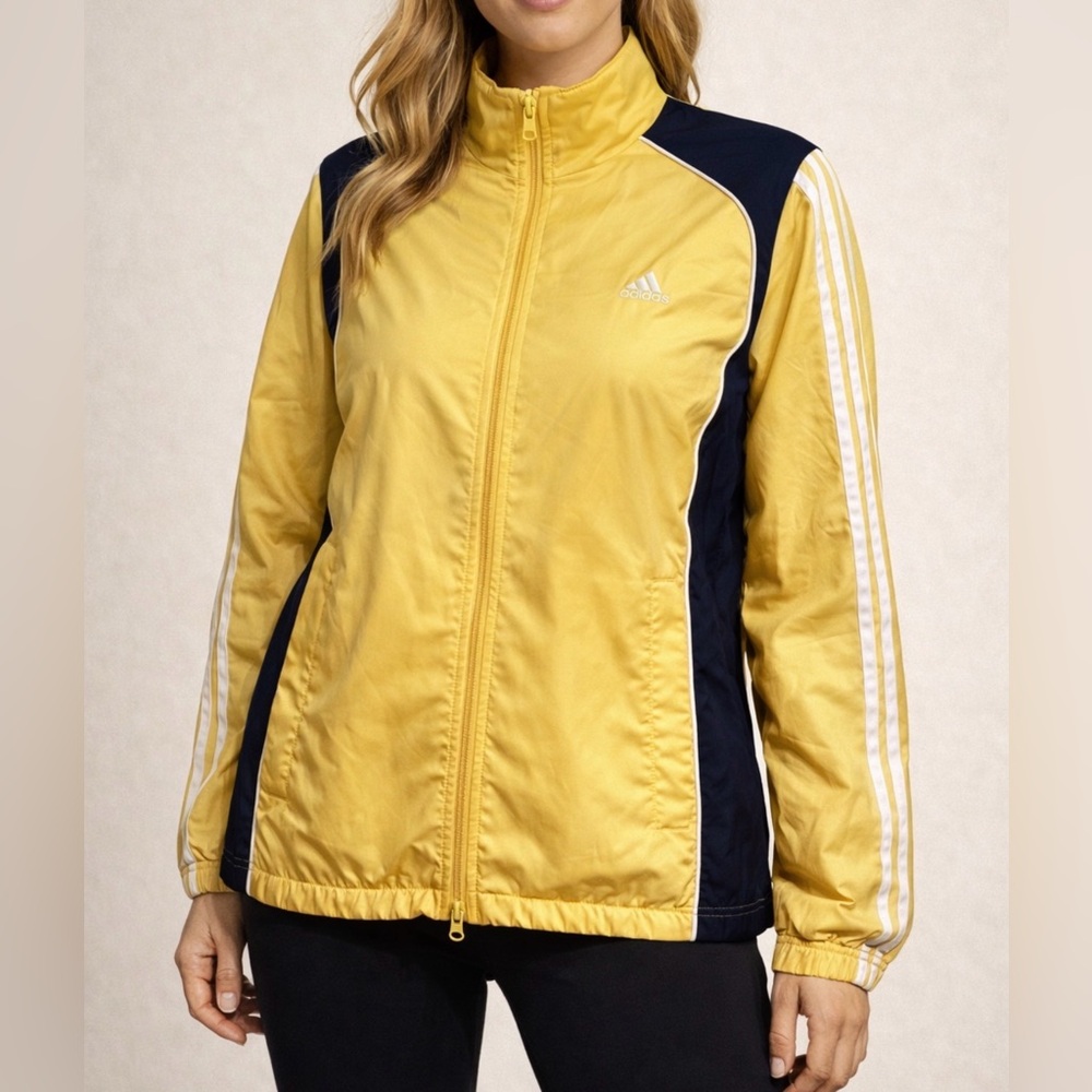 Adidas Yellow Navy Track Jacket Women L Full Zip 3 Stripe Windbreaker EUC